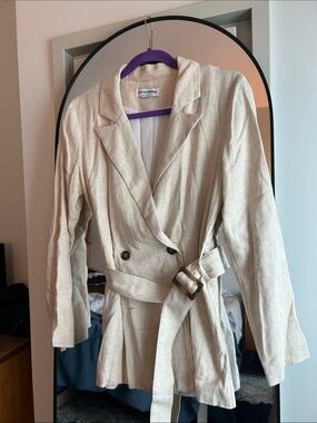 Cream Linen Blend Belted Blazer Jacket double breasted EUC